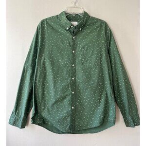 American Eagle Men Sz L Button Up Shirt Green Geometric Long Sleeve Standard Fit